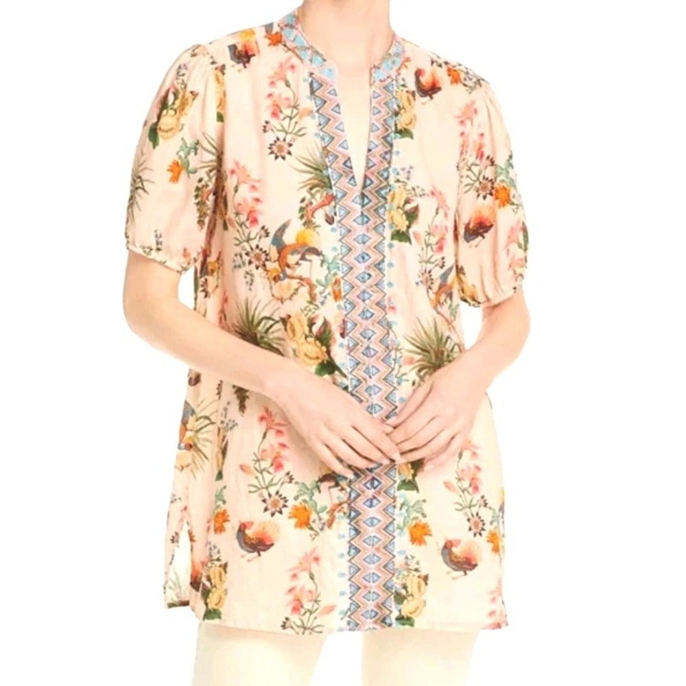 Johnny Was Workshop Effortless Puff Sleeve Tunic Size‎ XS Tropical Bird Floral